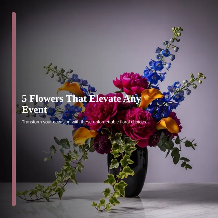Carousel slide 1: “5 Flowers That Elevate Any Event” over a mixed bouquet in a black vase