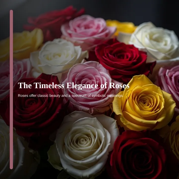 Carousel slide 2: “The Timeless Elegance of Roses” over a close-up of red, white, pink and yellow roses