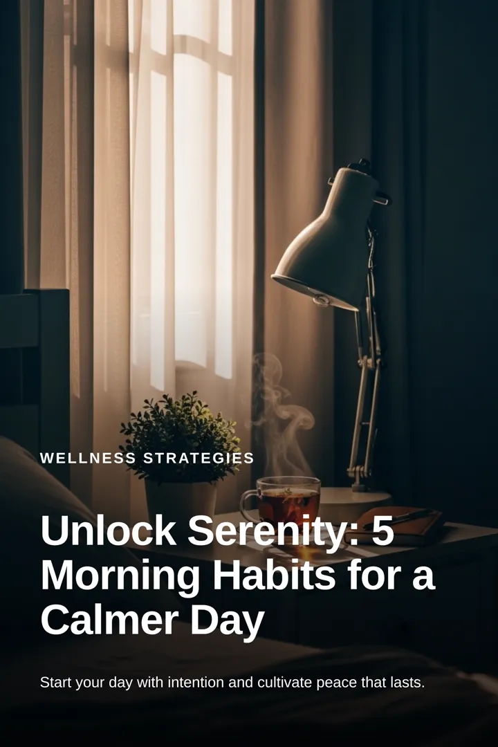 Single-image post: “Unlock Serenity: 5 Morning Habits for a Calmer Day” over a softly lit bedside scene